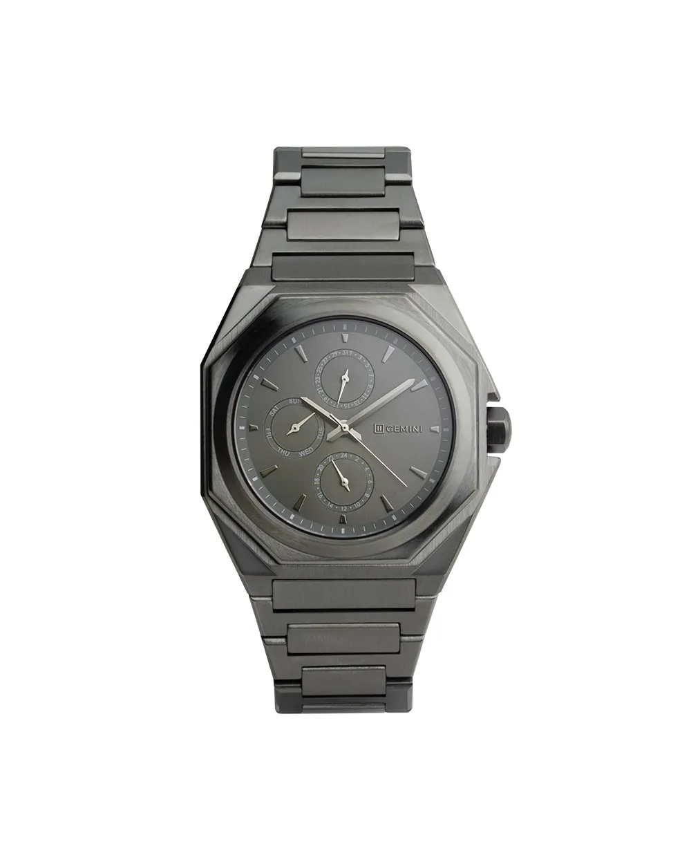 42mm full stainless steel watch with dark grey finish and silver details