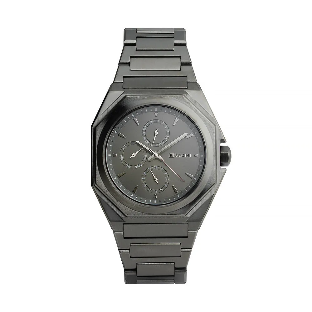 42mm full stainless steel watch with dark grey finish and silver details