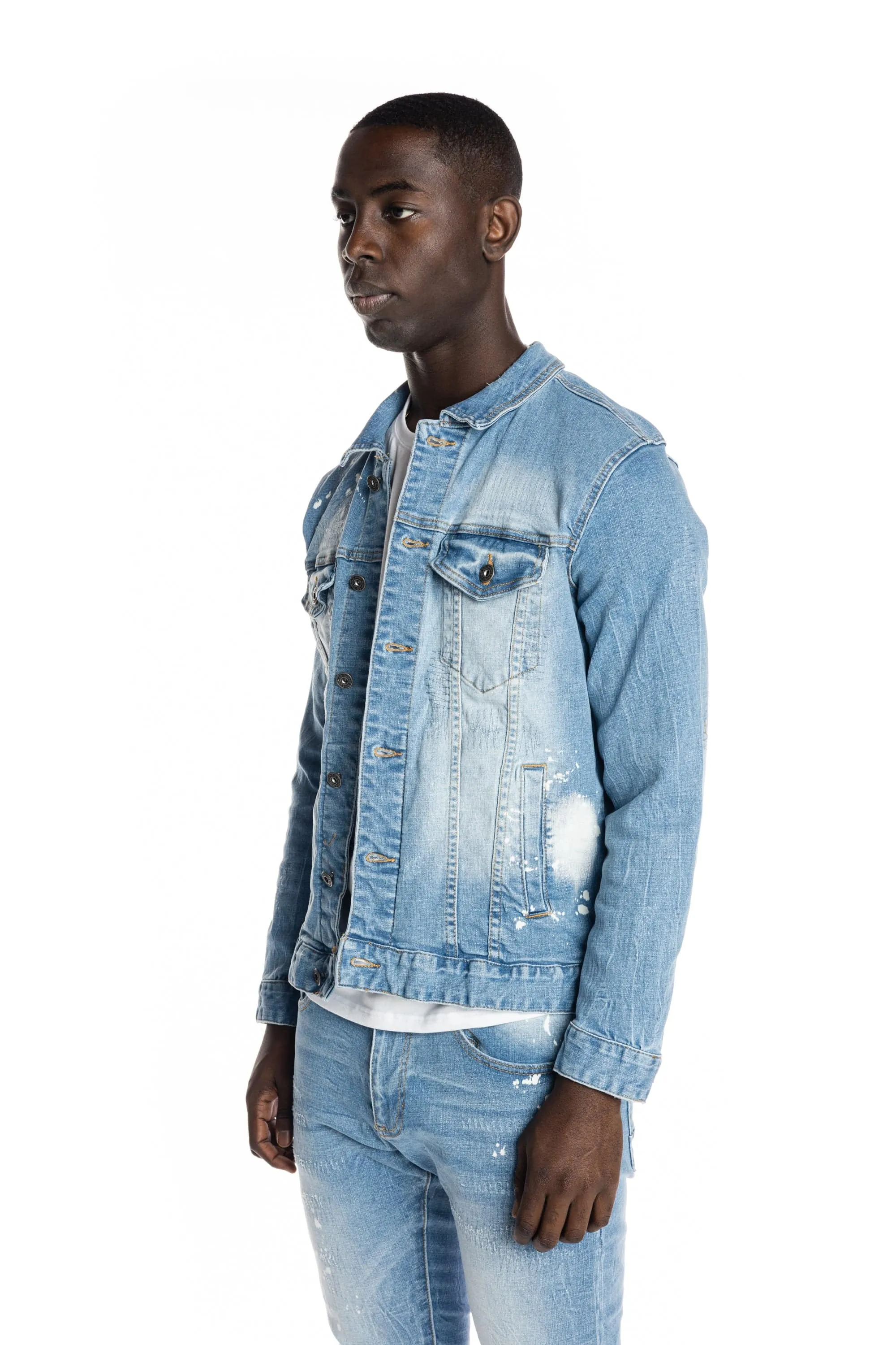 Bleached Detail Semi Basic Jean Jacket - Ocean Blue