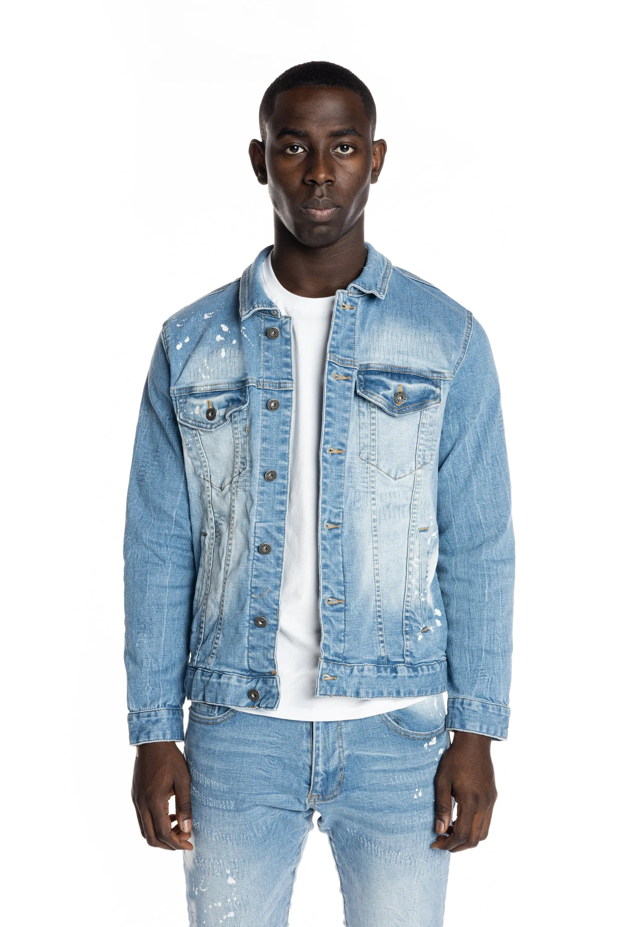 Bleached Detail Semi Basic Jean Jacket - Ocean Blue