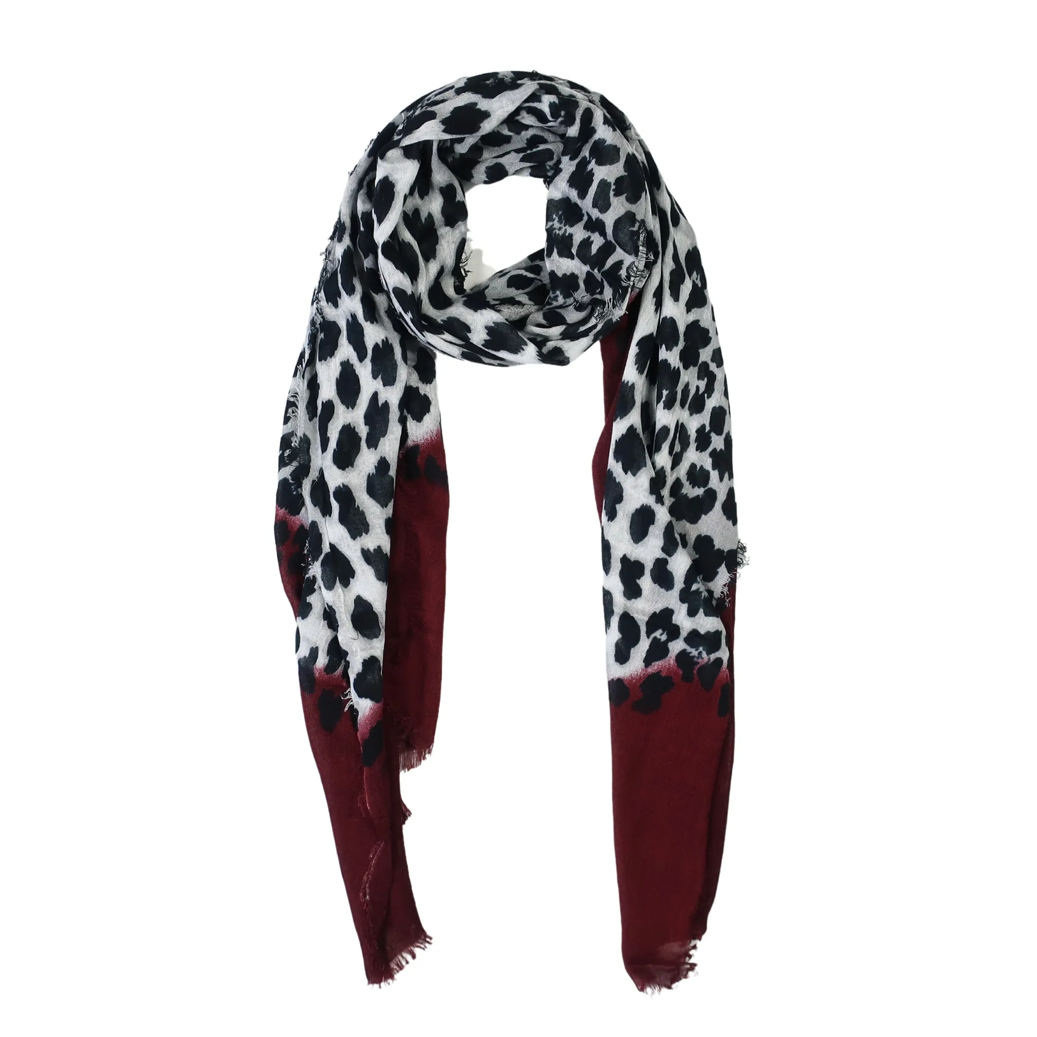 Blue Pacific Animal Print Cashmere Silk Scarf in Burgundy and Snow 78 x 22