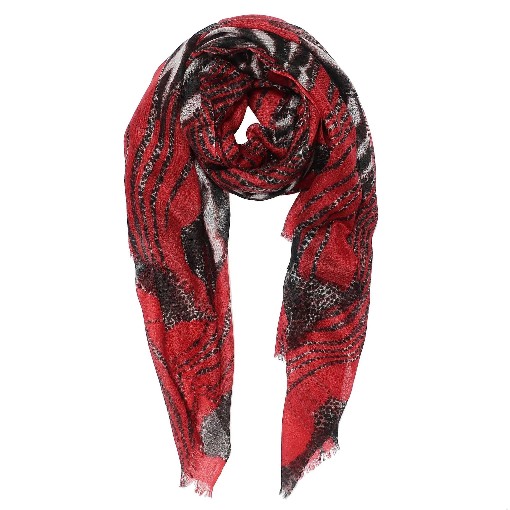 Blue Pacific Animal Safari Pure Cashmere Scarf in Crimson Red and Black