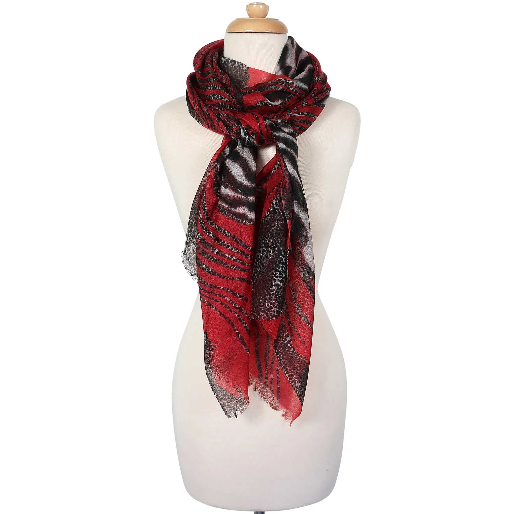 Blue Pacific Animal Safari Pure Cashmere Scarf in Crimson Red and Black