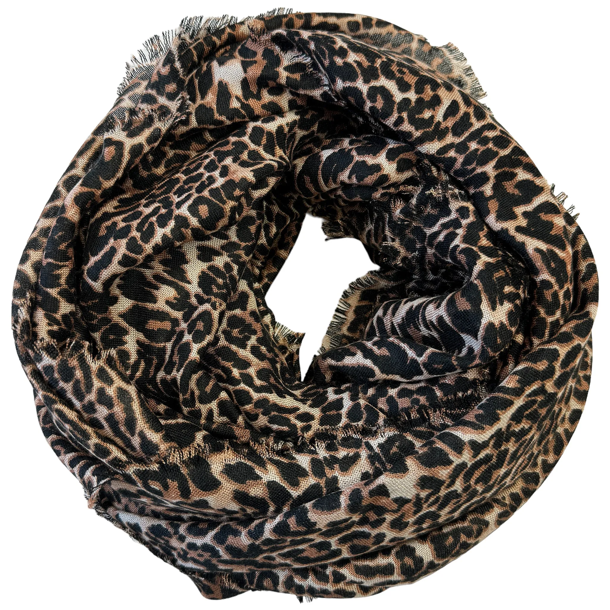 Blue Pacific Leopard Animal Print Micromodal Cashmere Scarf in Chocolate and Tan