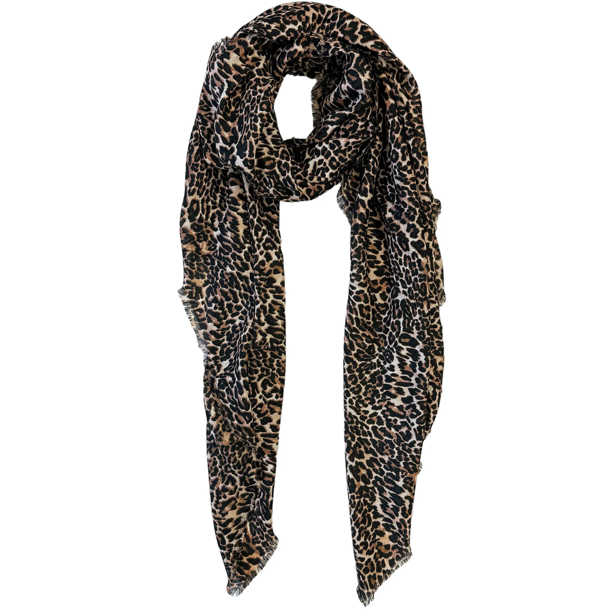 Blue Pacific Leopard Animal Print Micromodal Cashmere Scarf in Chocolate and Tan