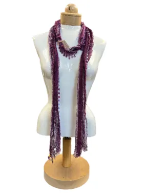 Boho Beaded Lightweight Mohair Scarf Necklace - Dark Purple, Maroon and Silver