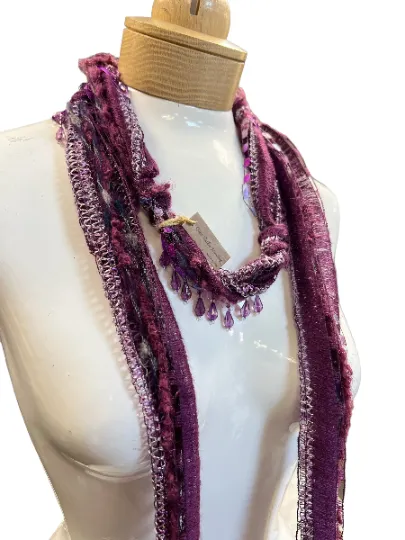 Boho Beaded Lightweight Mohair Scarf Necklace - Dark Purple, Maroon and Silver