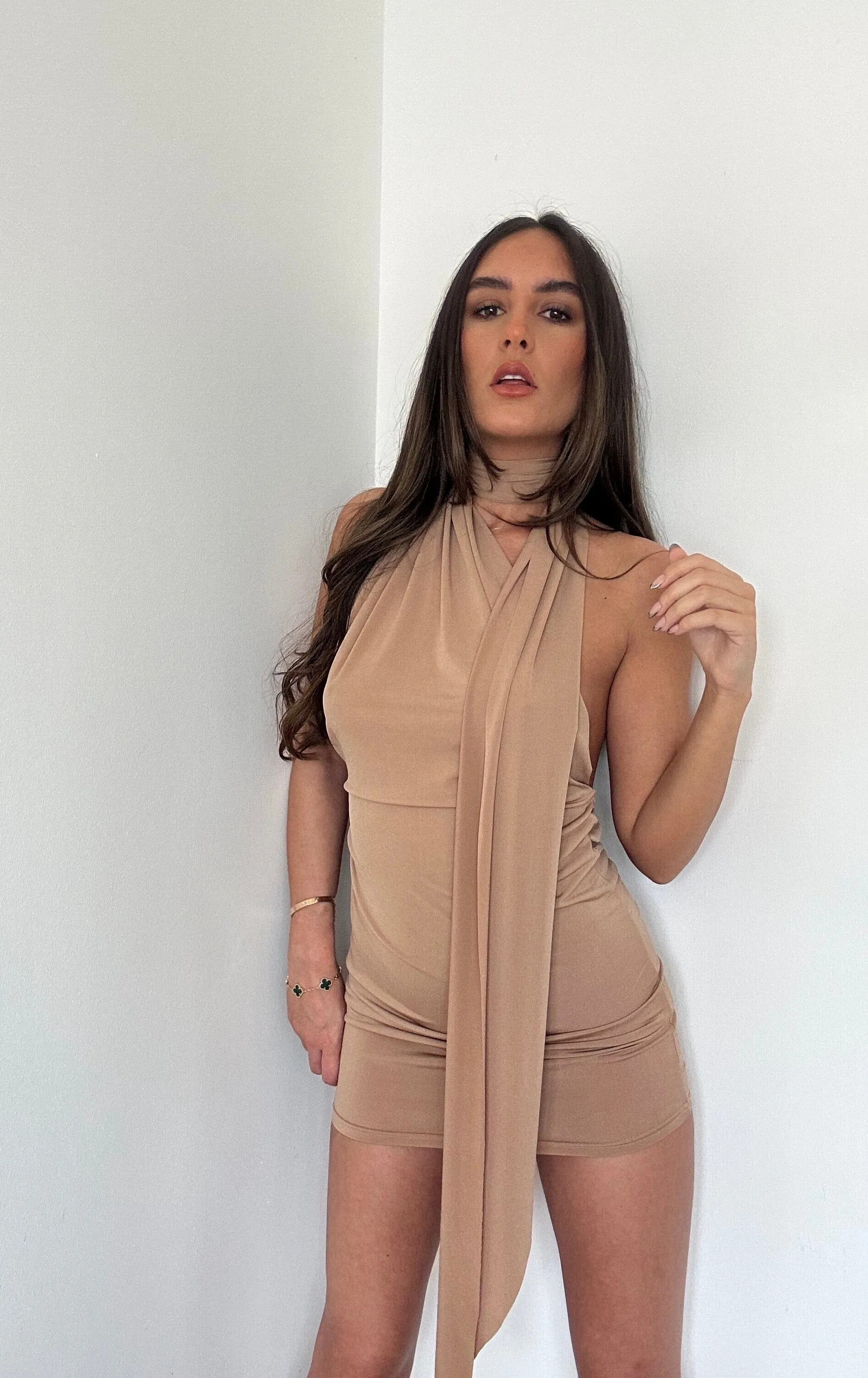 Camel Neck Tie Scarf Dress