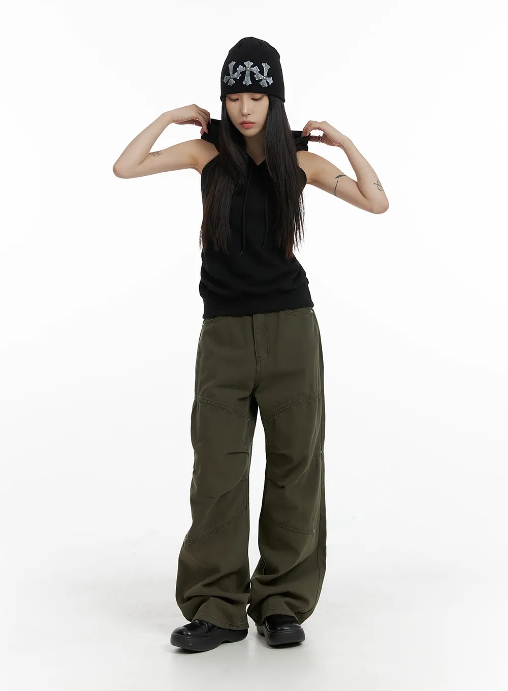 Dark Grunge Pintuck Stud Wide Leg Pants CF428