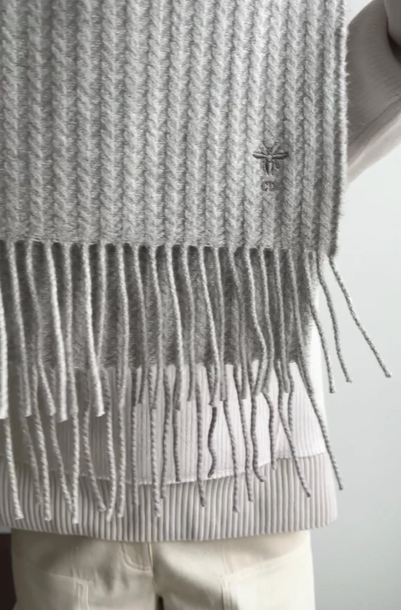 Dior Grey Cashmere Fringe Large Wrap Scarf