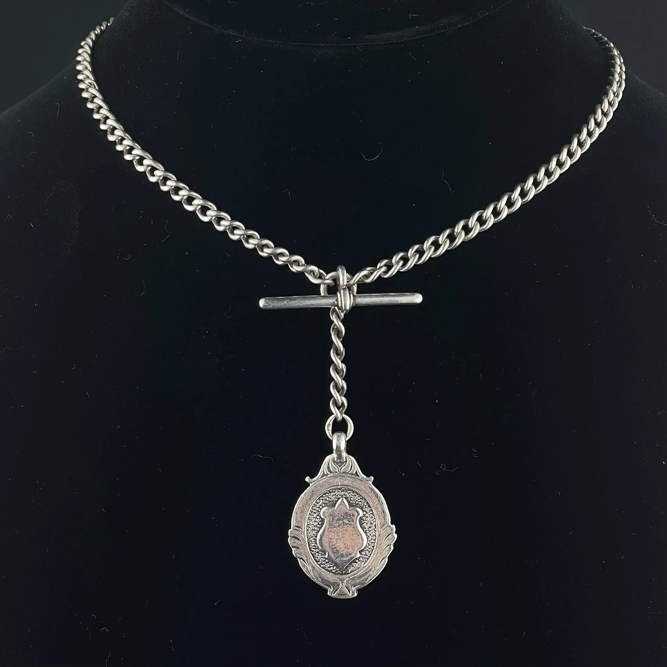 Edwardian English Silver Shield Medallion Watch Chain Necklace