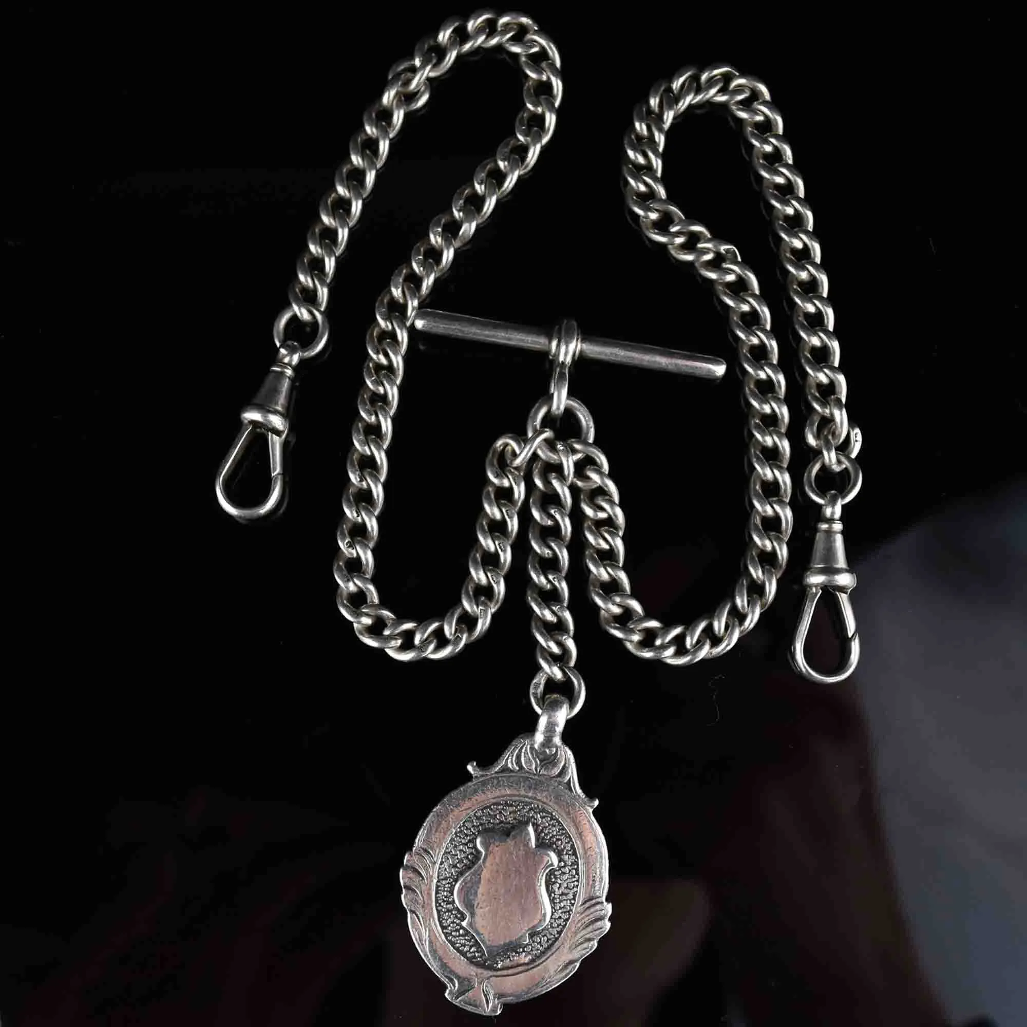 Edwardian English Silver Shield Medallion Watch Chain Necklace