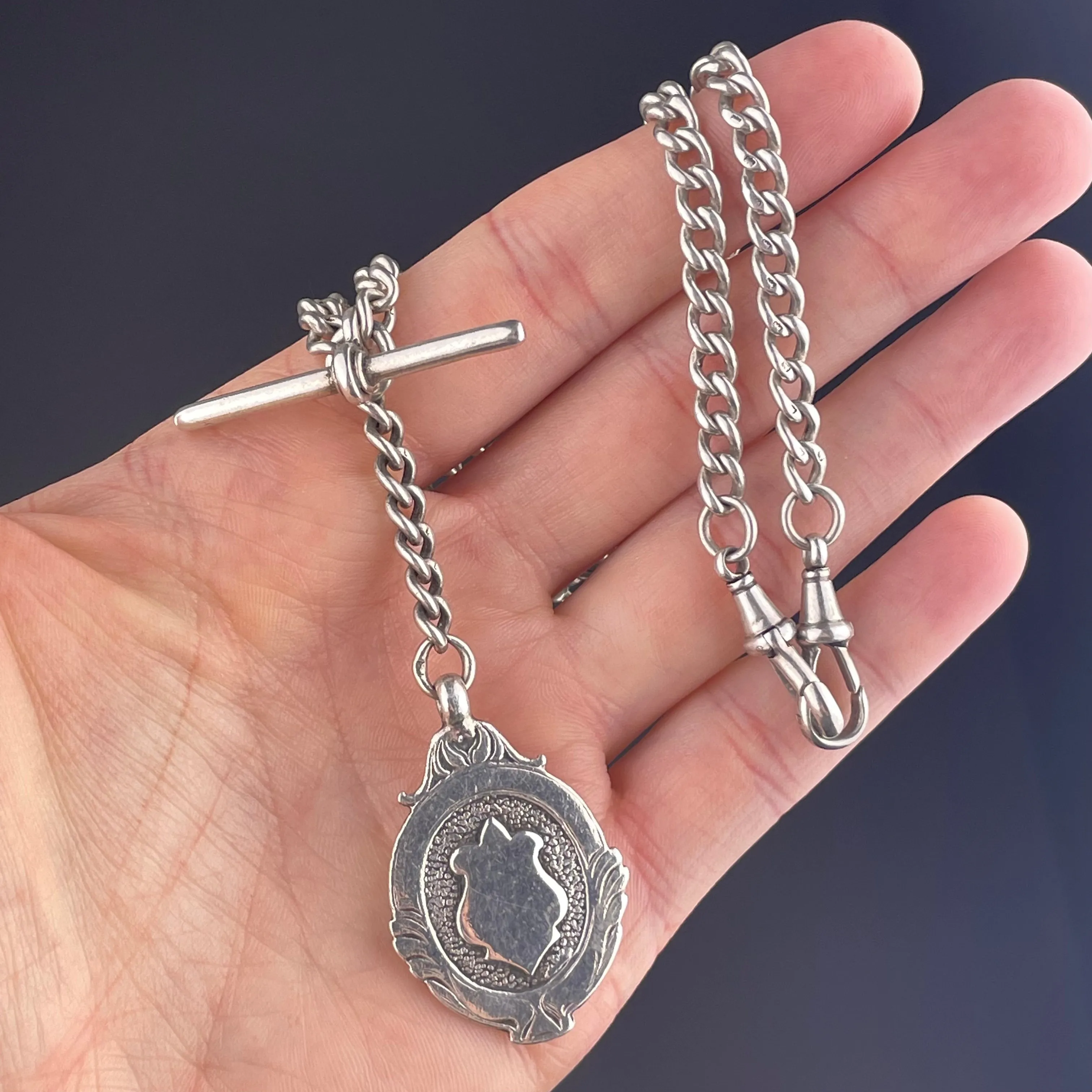 Edwardian English Silver Shield Medallion Watch Chain Necklace