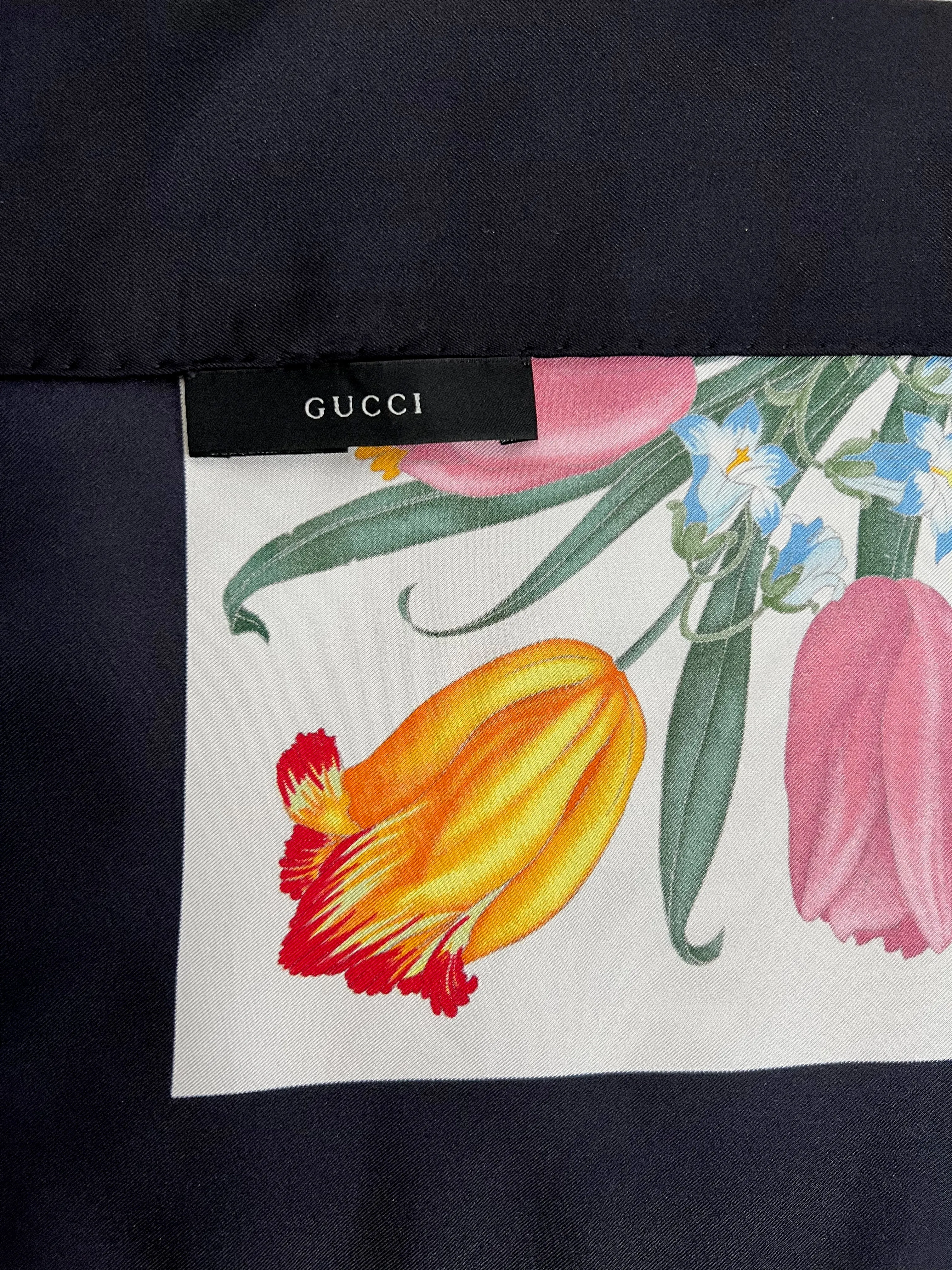 GUCCI FLORA Vintage Y2K Navy Blue Floral Silk Scarf, Made in Italy