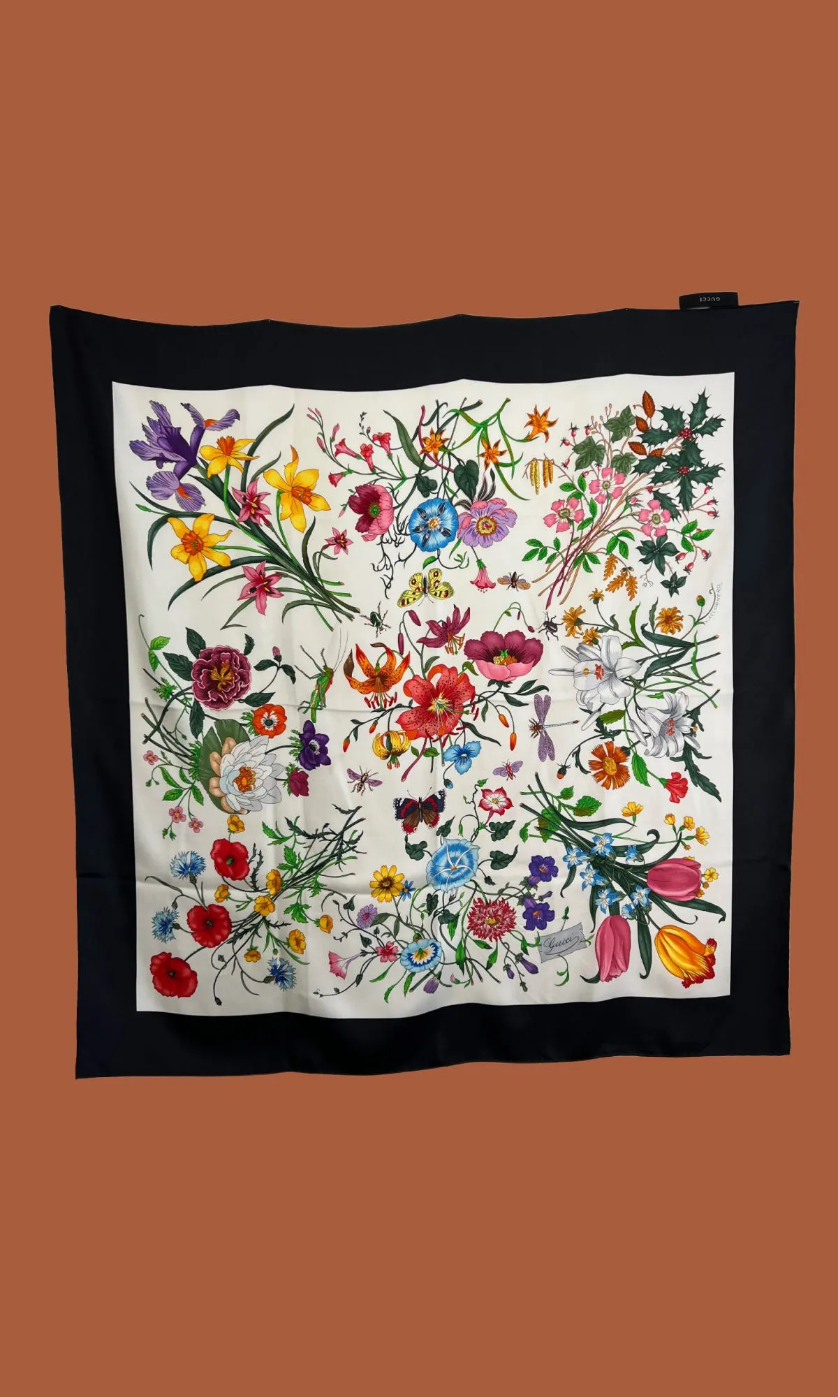 GUCCI FLORA Vintage Y2K Navy Blue Floral Silk Scarf, Made in Italy