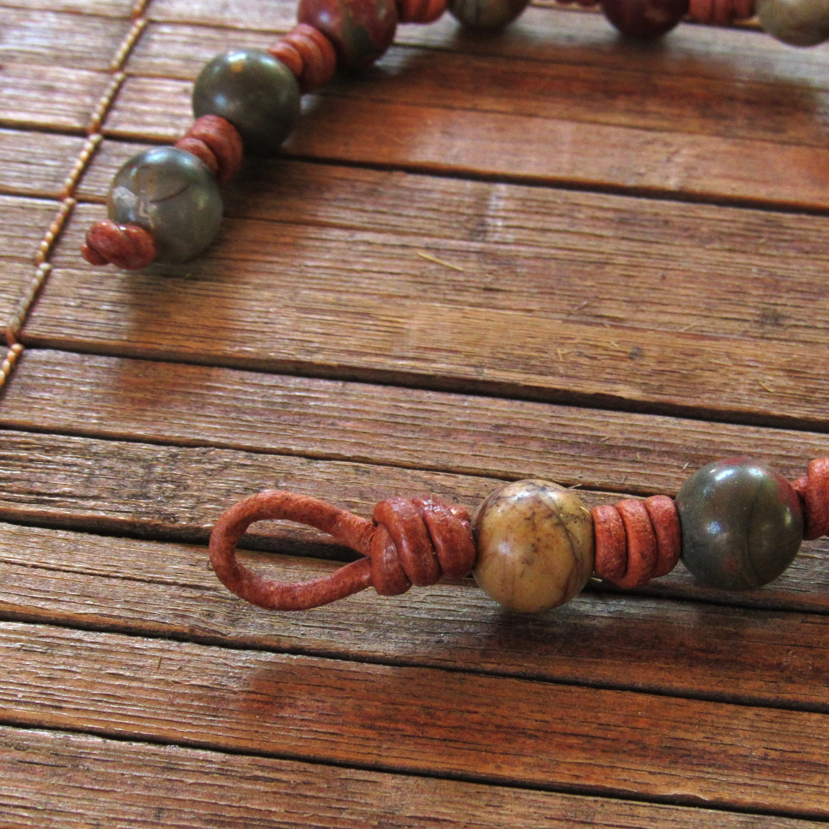 Hand knotted Picture Jasper Gemstone Leather Bracelet