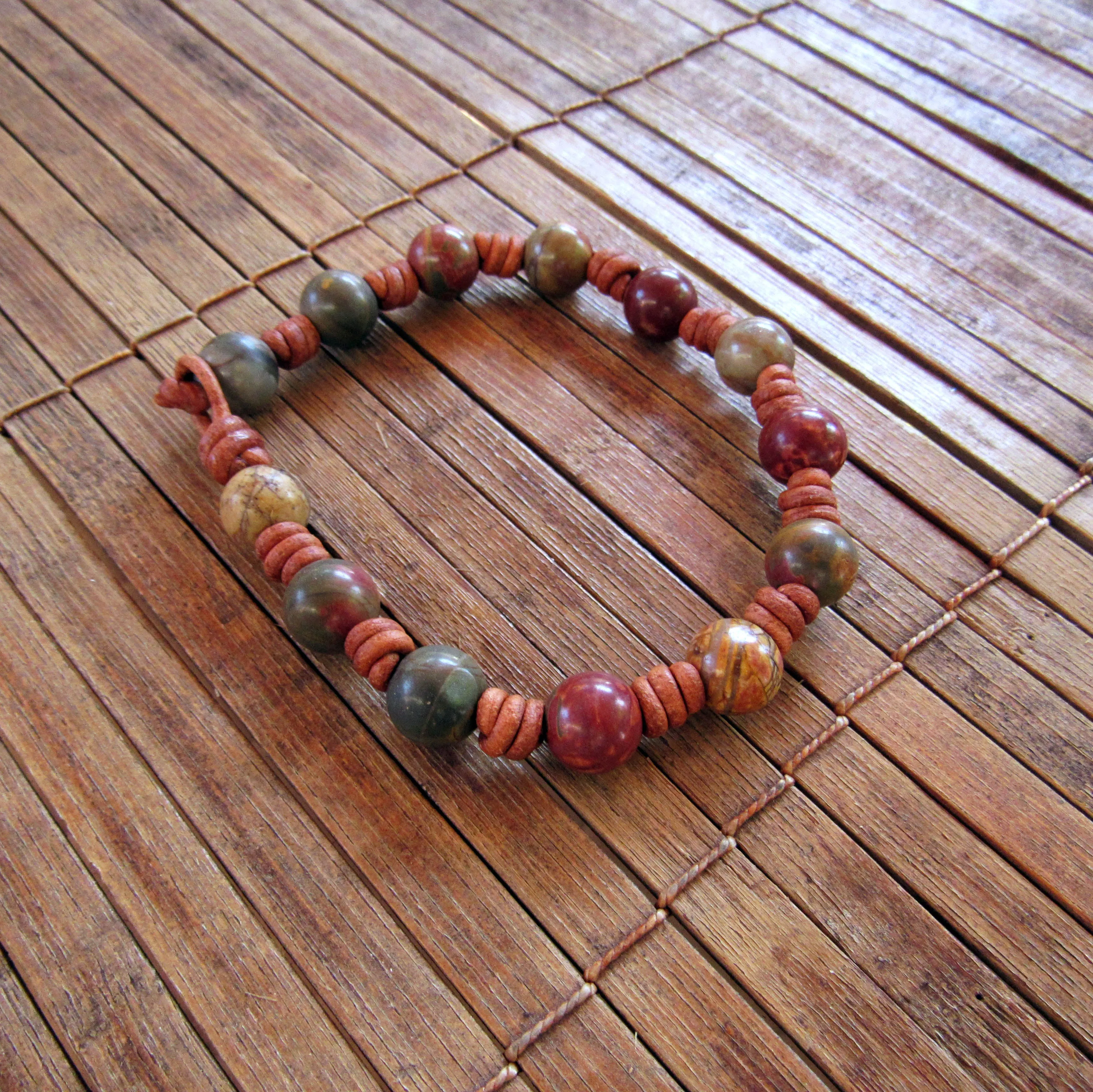 Hand knotted Picture Jasper Gemstone Leather Bracelet