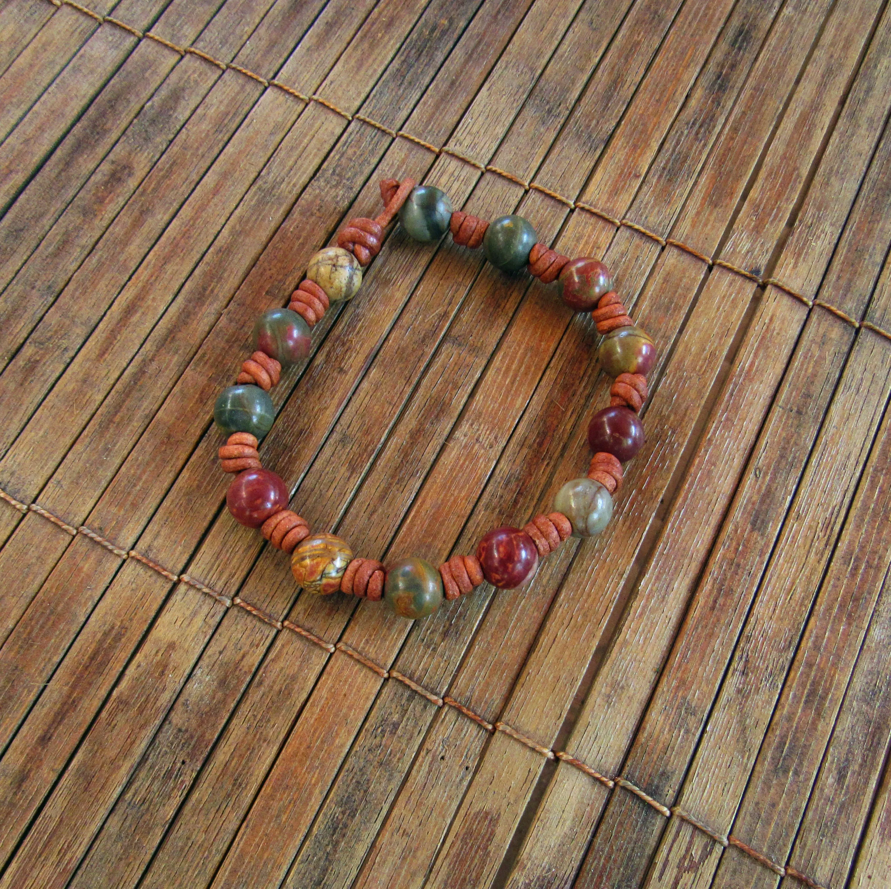 Hand knotted Picture Jasper Gemstone Leather Bracelet