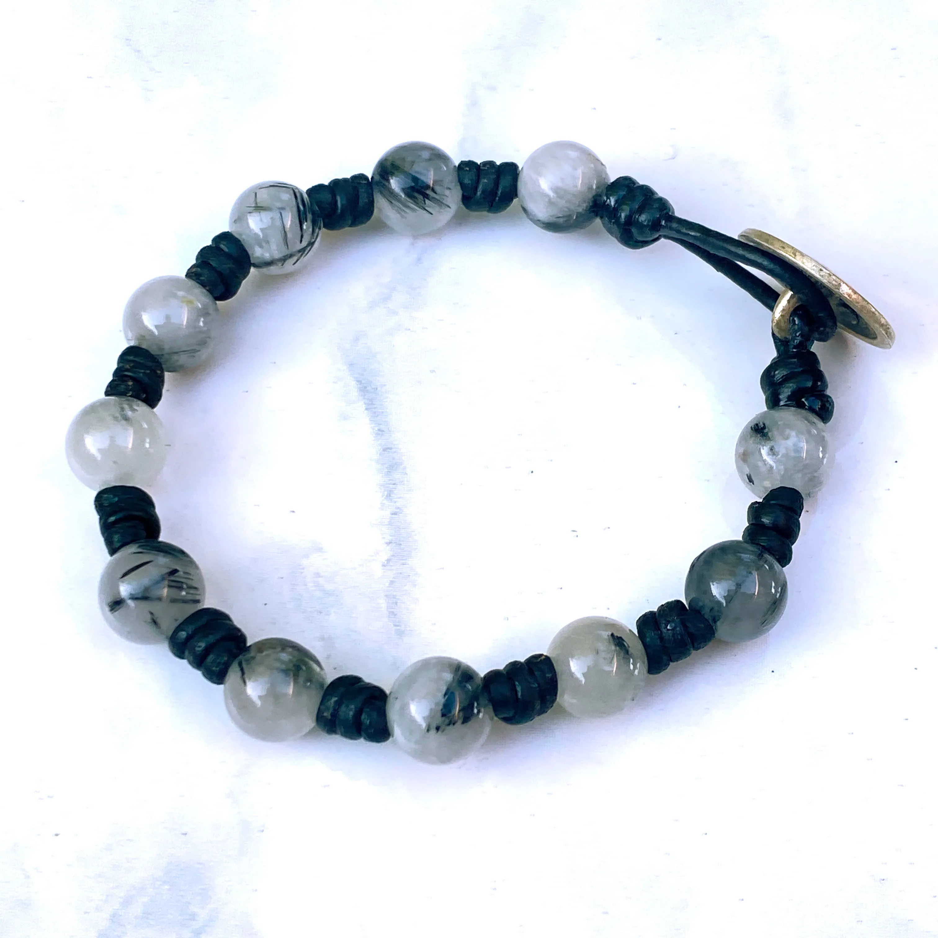 Leather and tourmaline Quartz Gemstone Bracelet with Buffalo Button