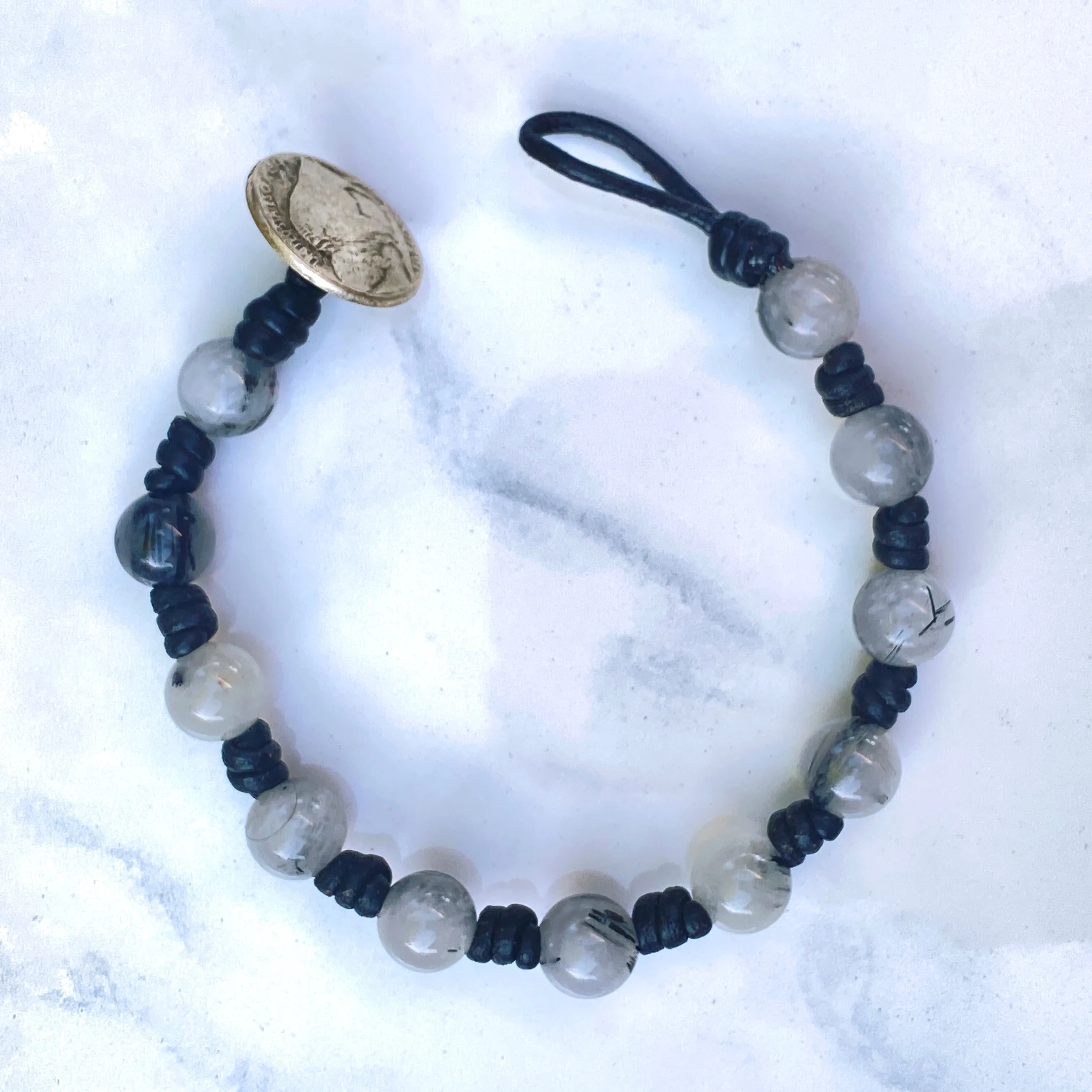 Leather and tourmaline Quartz Gemstone Bracelet with Buffalo Button