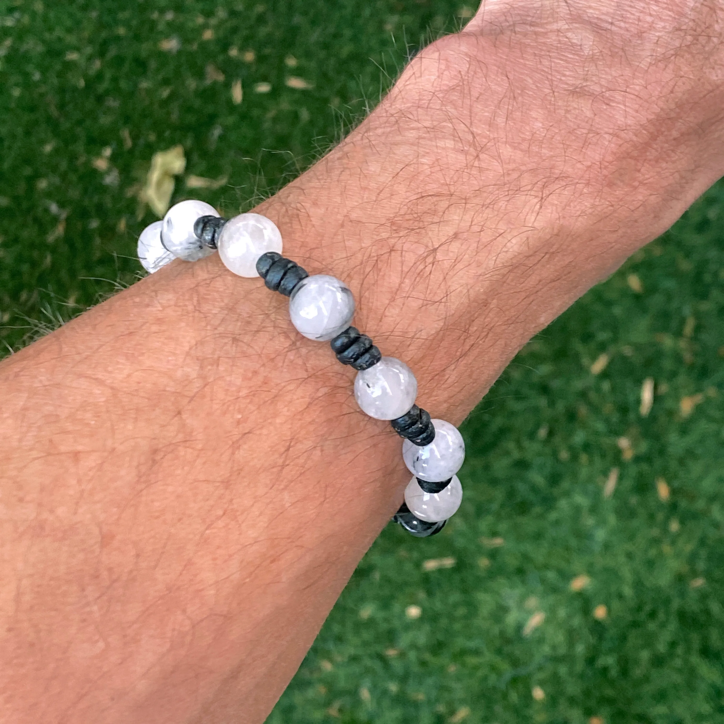 Leather and tourmaline Quartz Gemstone Bracelet with Buffalo Button