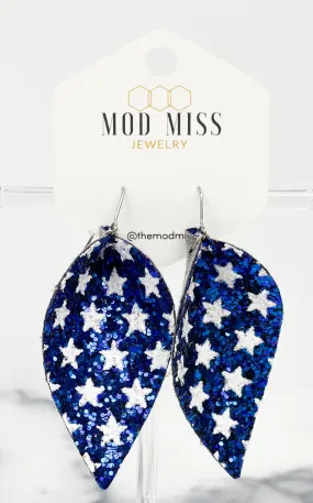 Leather Canvas  Petal Earring Glitter Blue & White Stars