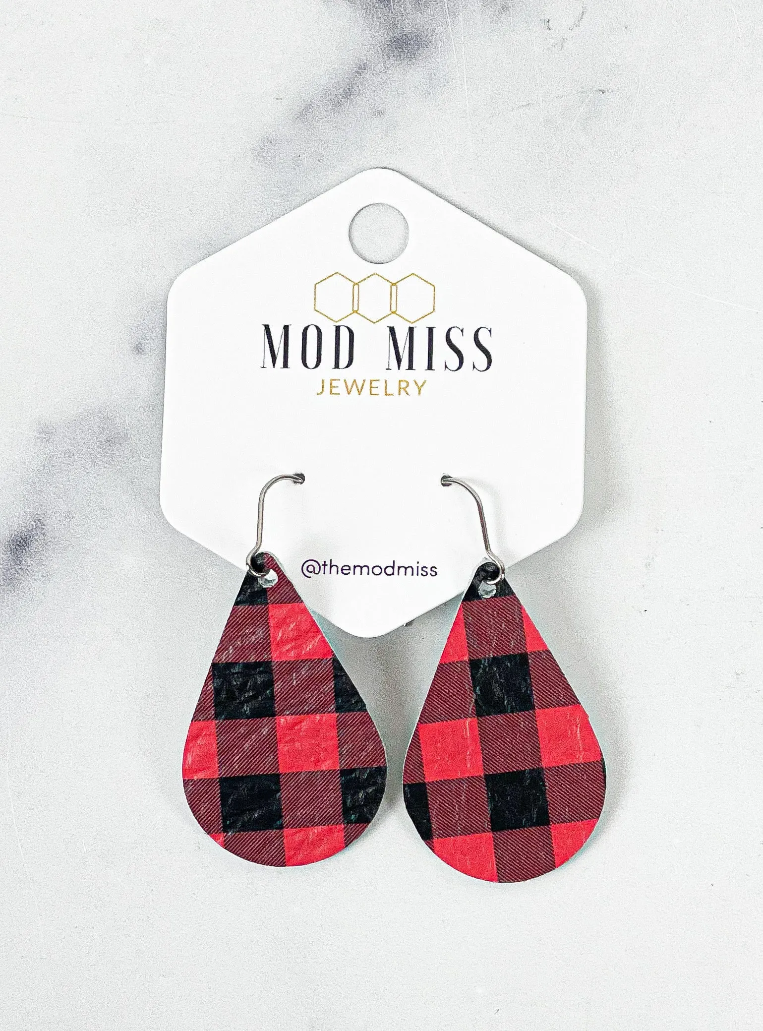 Leather Teardrop Earring Buffalo Plaid Red Mini