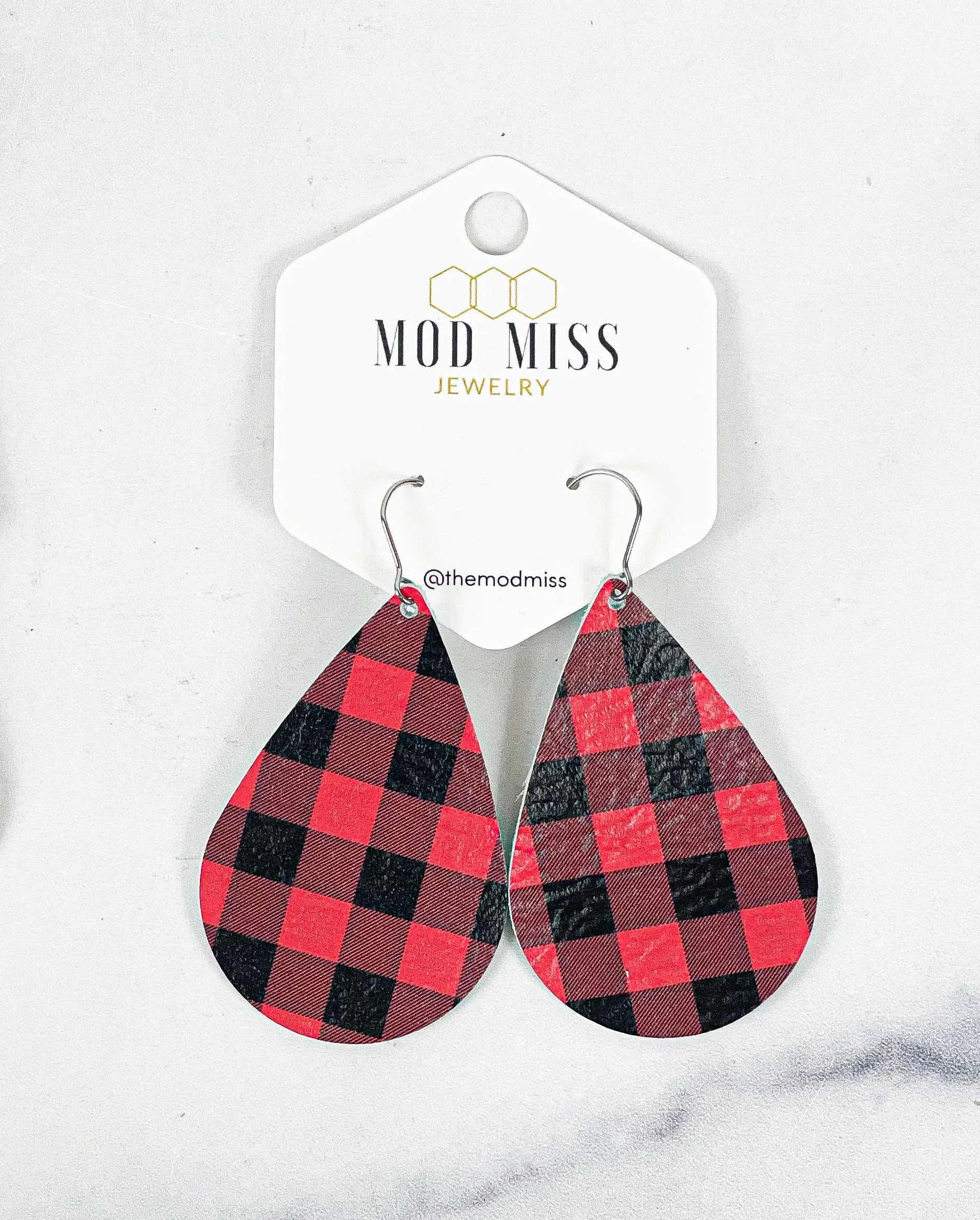 Leather Teardrop Earring Buffalo Plaid Red Mini