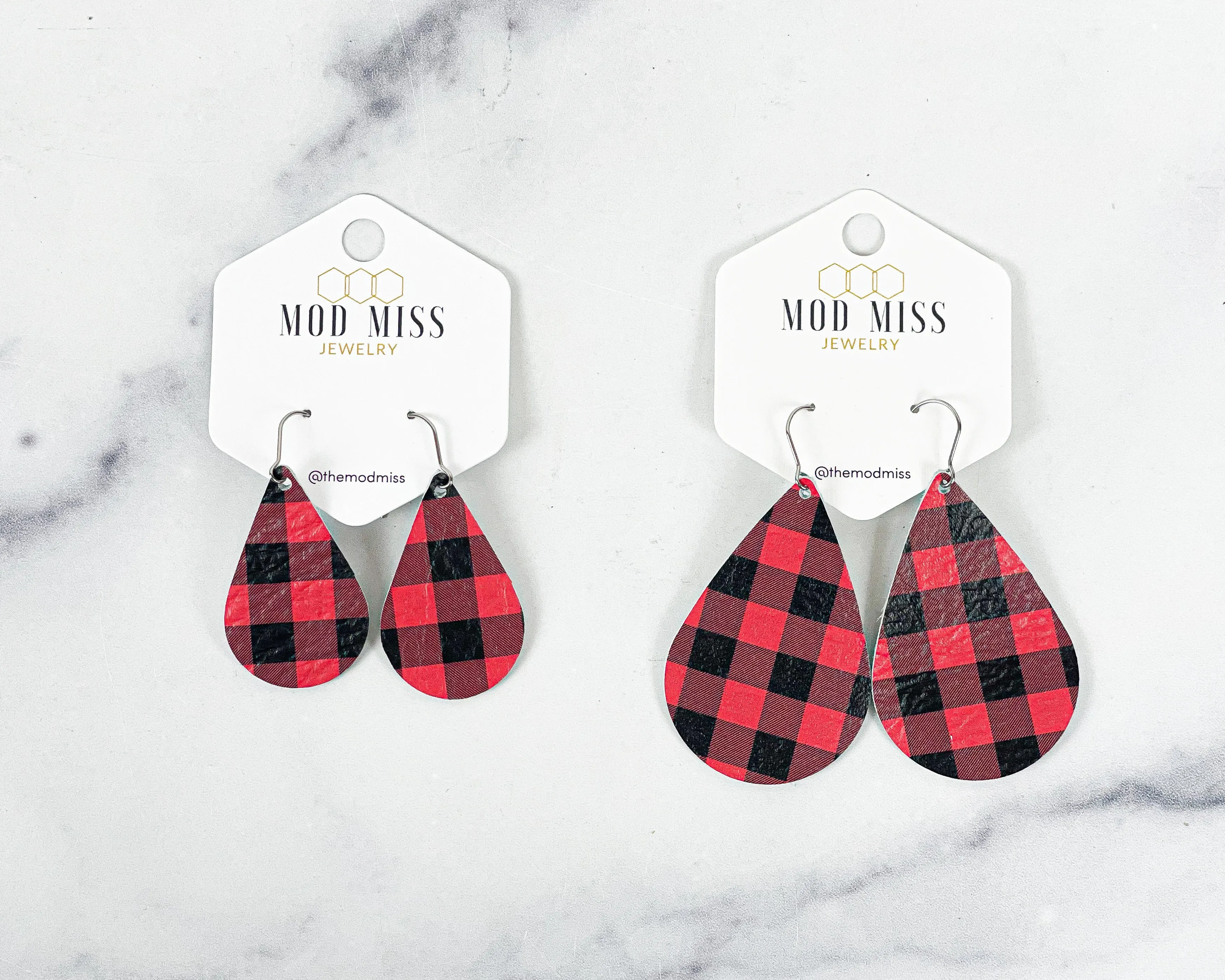 Leather Teardrop Earring Buffalo Plaid Red Mini