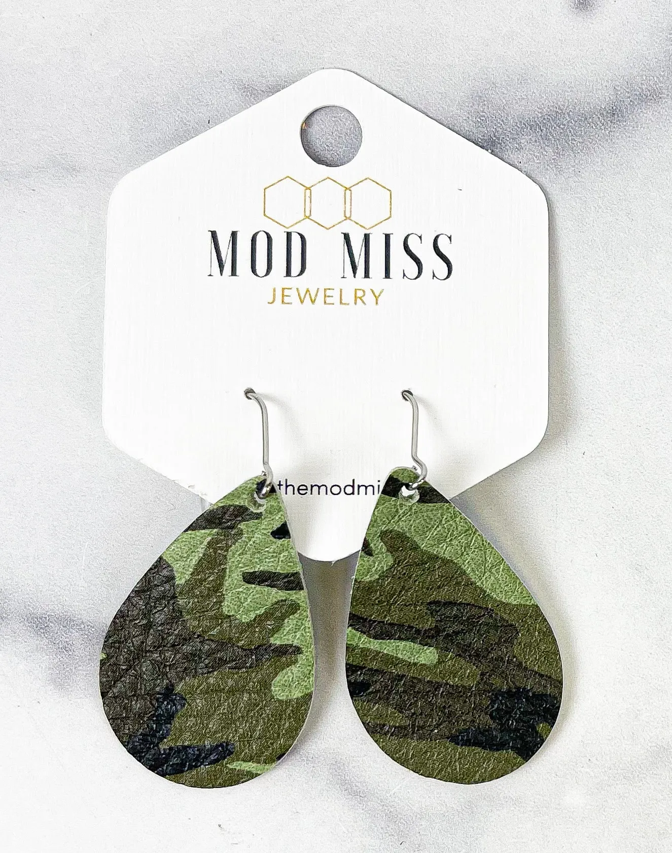 Leather Teardrop Earring Camo Green