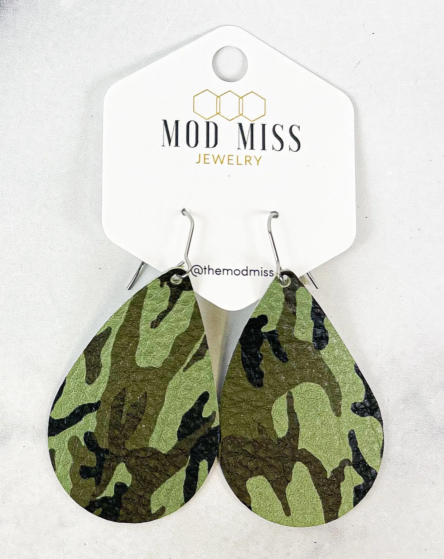 Leather Teardrop Earring Camo Green