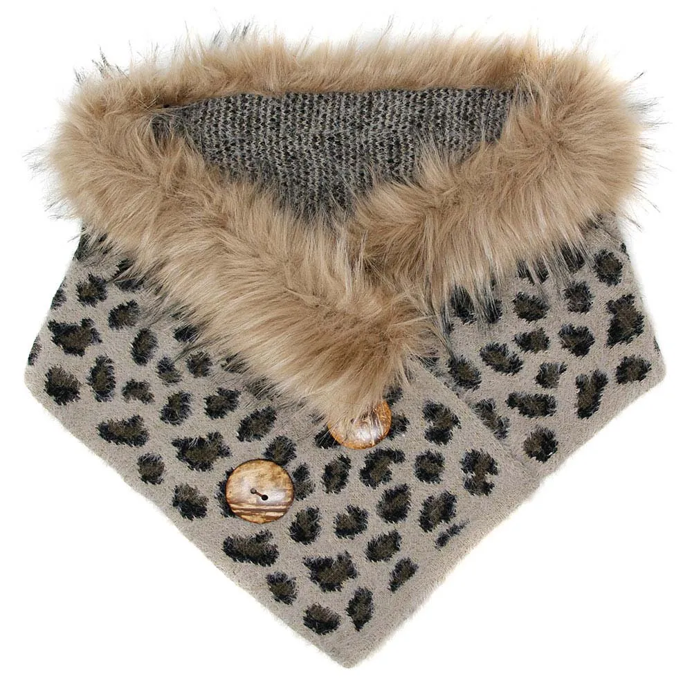 Leopard Faux Fur Chenille Triangle Tube Scarf Button Details