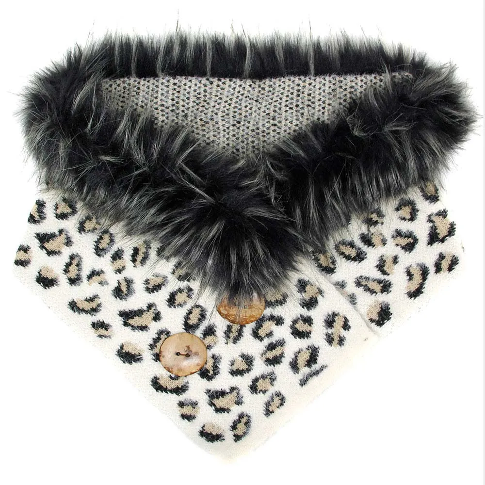 Leopard Faux Fur Chenille Triangle Tube Scarf Button Details