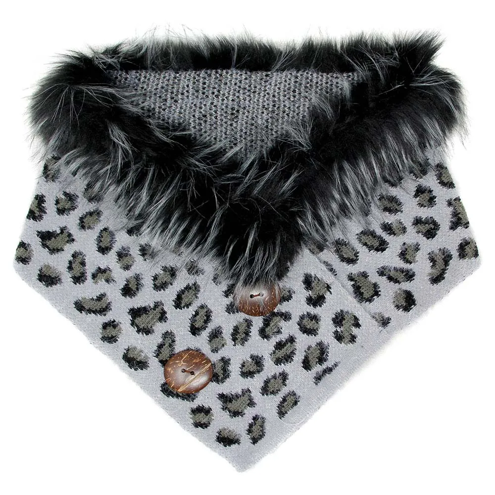 Leopard Faux Fur Chenille Triangle Tube Scarf Button Details