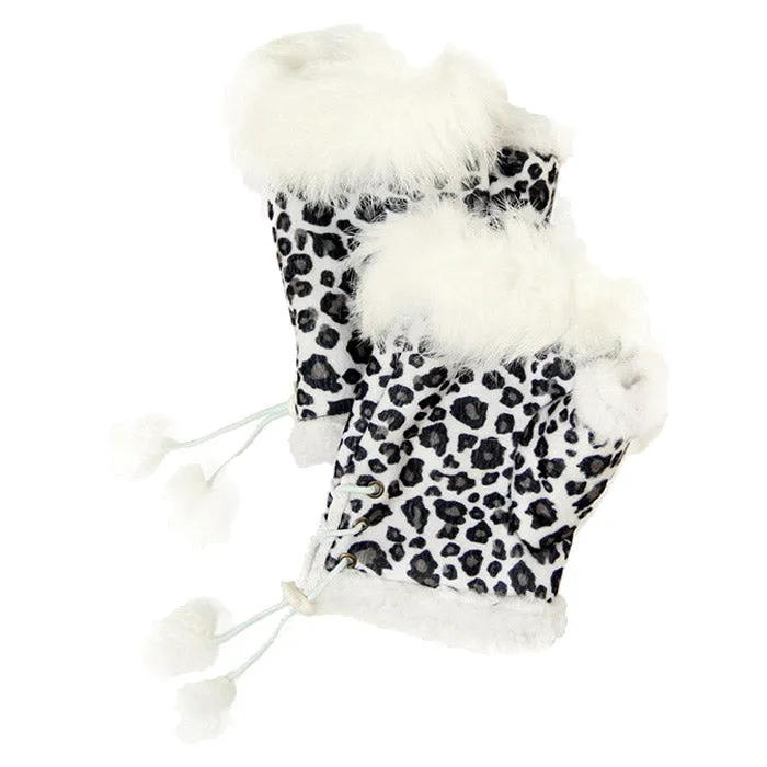 Leopard Fingerless Faux Fur Trim Faux Suede Adjust Gloves