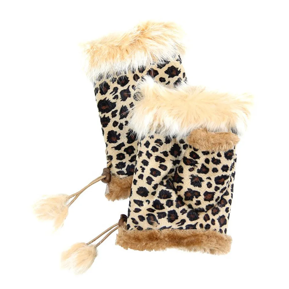 Leopard Fingerless Faux Fur Trim Faux Suede Adjust Gloves