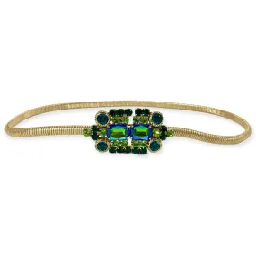 Lucrezia Belt In Thin Slightly Elastic Metal Mesh With Green Jewel Buckle.