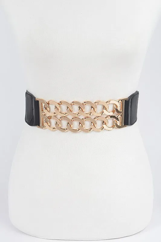 Metal Linked Buckle Elastic Belt - Black Gold