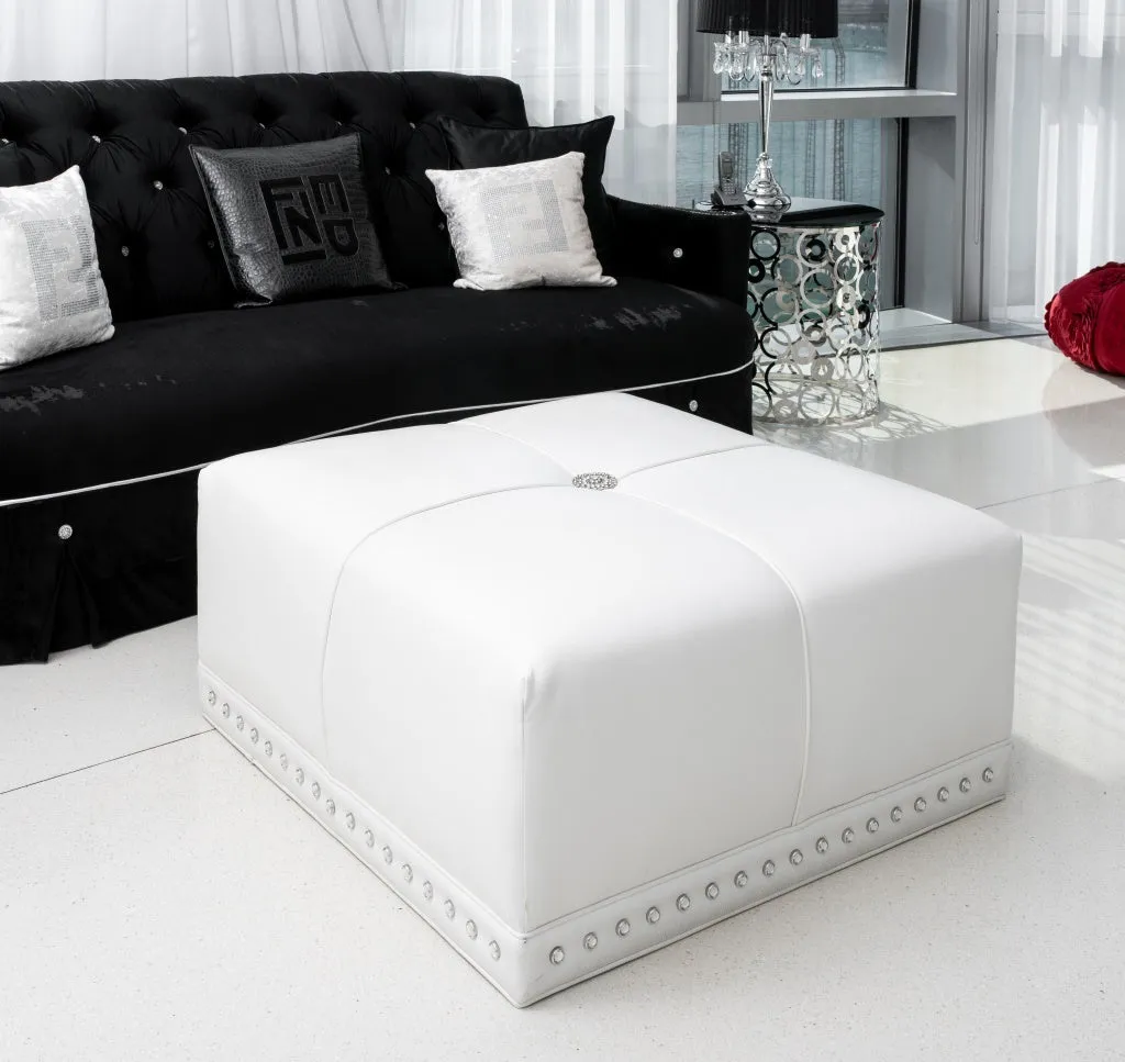 Modern Hollywood Regency White Vegan Leather Ottoman