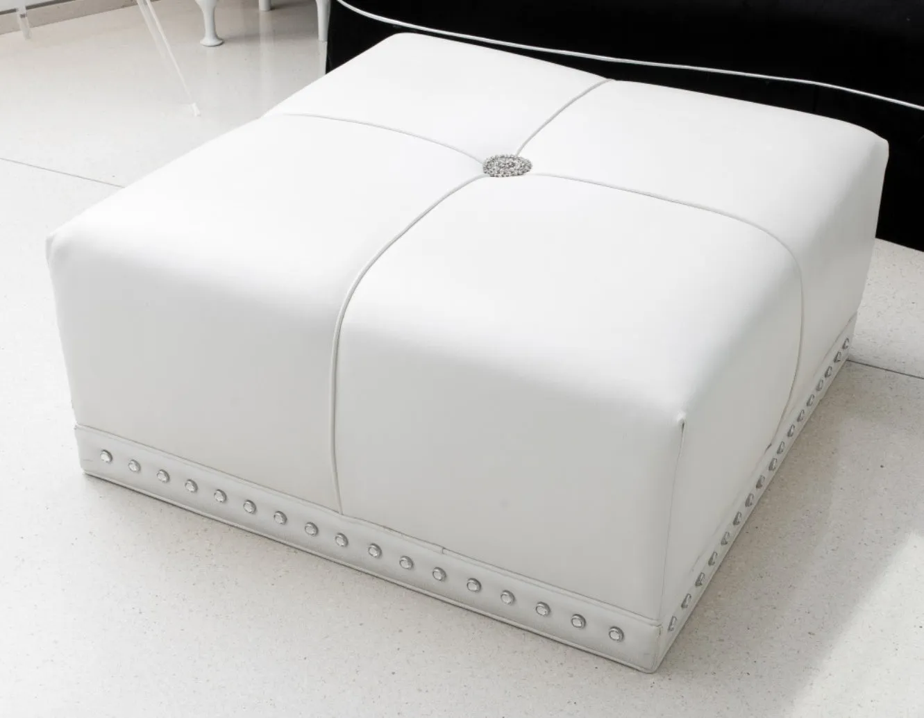 Modern Hollywood Regency White Vegan Leather Ottoman