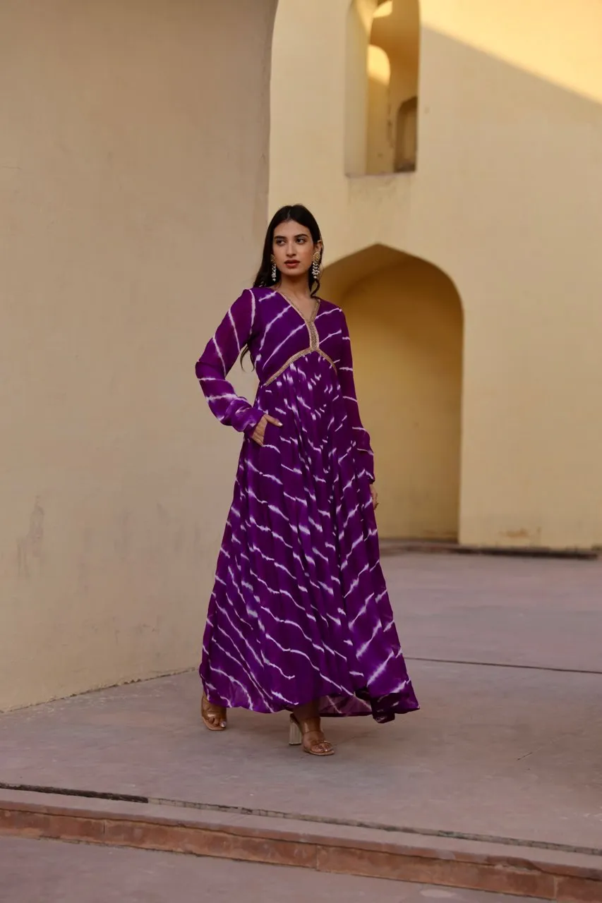 Purple tie and dye lehariya anarkali