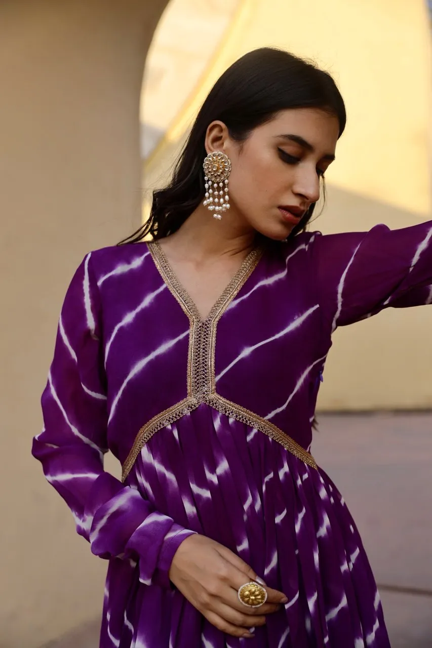 Purple tie and dye lehariya anarkali