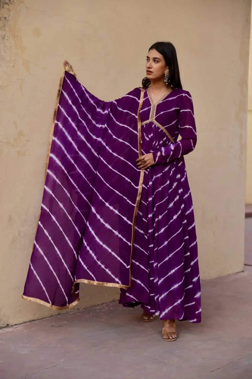 Purple tie and dye lehariya anarkali