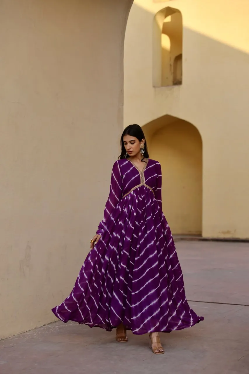 Purple tie and dye lehariya anarkali