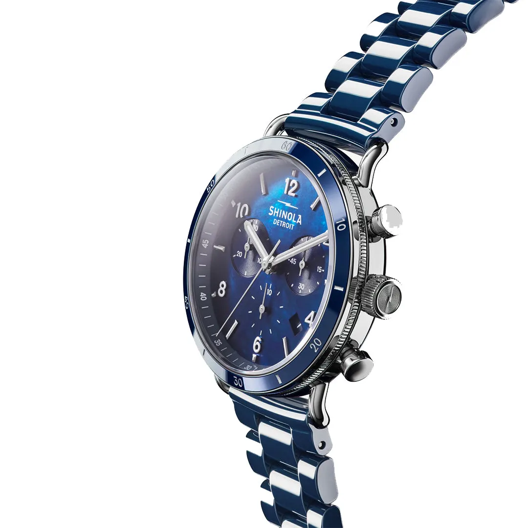 Shinola Canfield Sport 40MM Blue Mother of Pearl Chronograph Cobalt Blue Ceramic Bracelet Watch