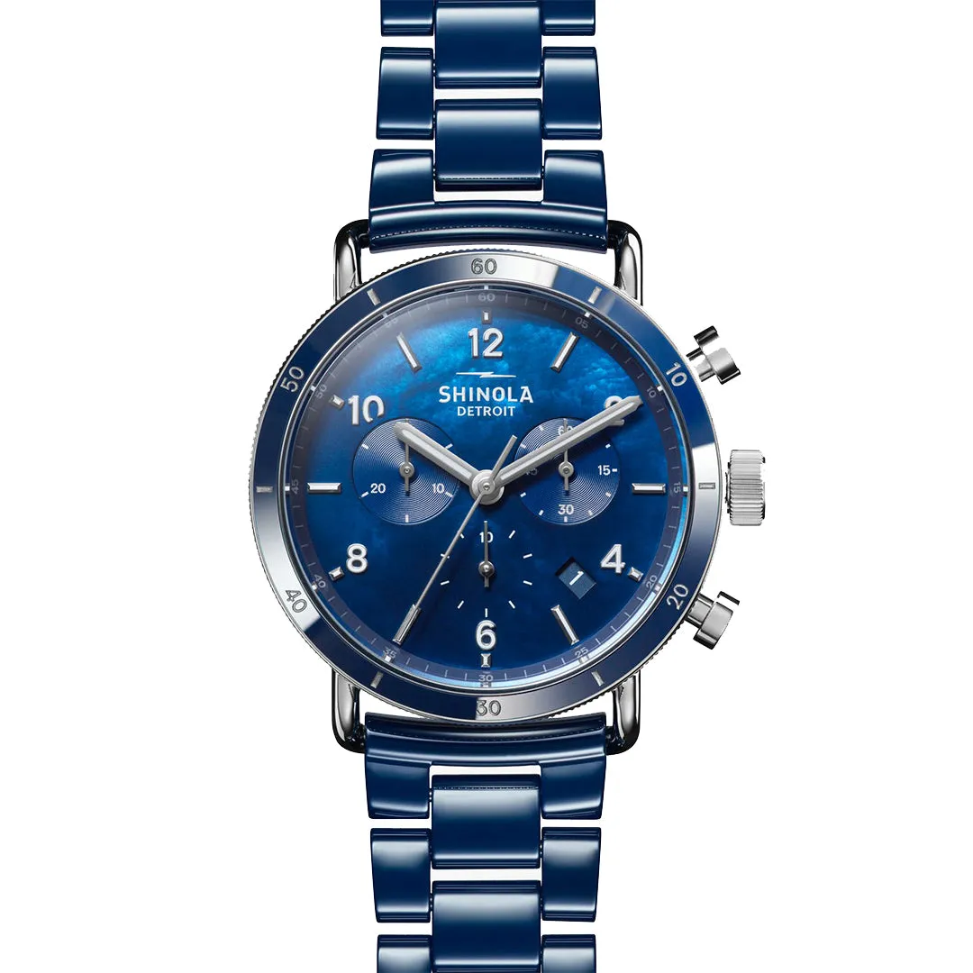 Shinola Canfield Sport 40MM Blue Mother of Pearl Chronograph Cobalt Blue Ceramic Bracelet Watch