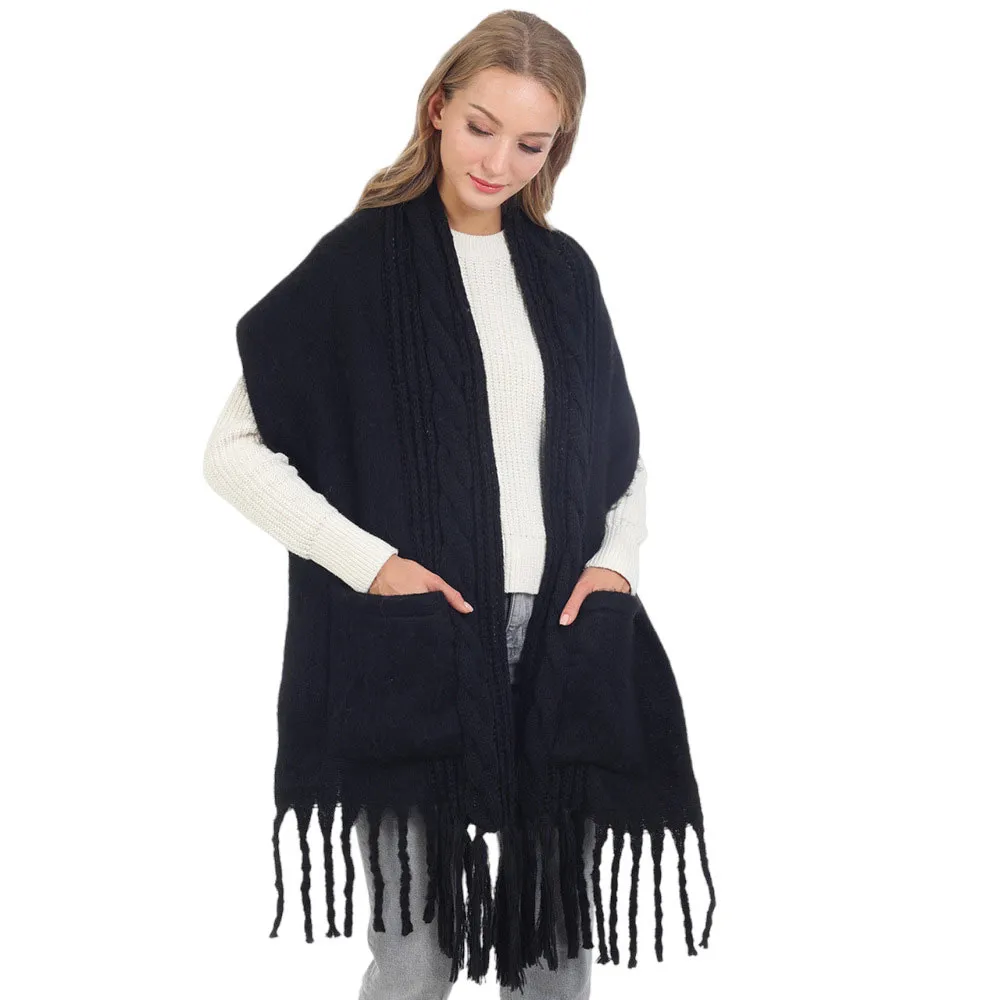 Solid Knit Pockets Tassel Oblong Scarf